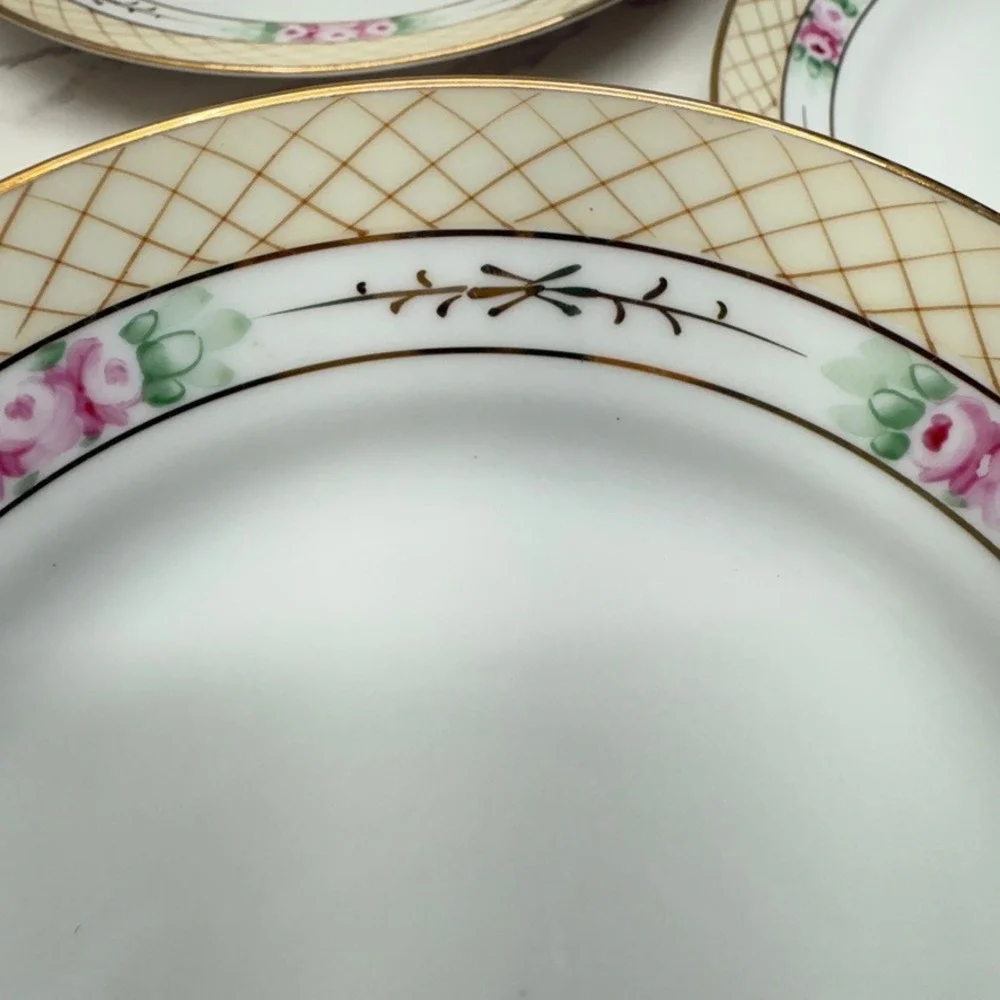 Vintage Nippon‎ Hand Painted Rose Lattice Porcelain Salad Plates 5 Gold Gilding